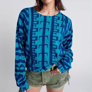 One Teaspoon Blue Long sleeve Printed Oversized Sweater(Size Medium)